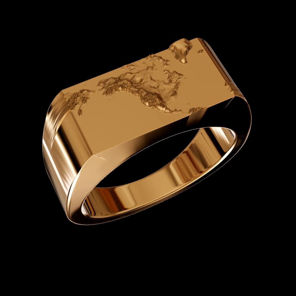 Yellow gold terrain ring with North America's coastlines and relief sculpted across its crown